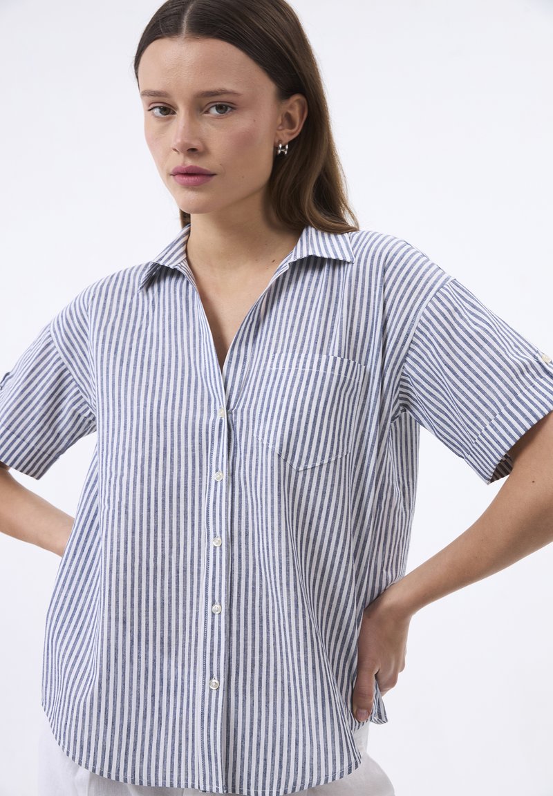 Camicia a maniche corte a righe blu e bianche, con chiusura a bottoni, colletto e taschino sul petto. Realizzata in un tessuto leggero.