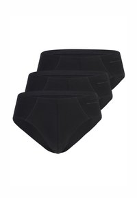Schwarze Baumwoll-Slip-Unterwäsche mit glatter Textur und elastischem Bund, präsentiert in einer Packung mit drei Stück ohne sichtbare Muster.