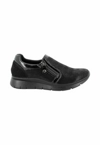 Scarpe nere slip-on con una tomaia testurizzata, dettagli in vernice lucida, chiusura laterale con zip e suola in gomma imbottita.