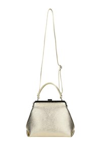 Goldfarbene metallische Handtasche mit strukturierter Oberfläche, einer klaren Form, einem Handgriff und einem abnehmbaren Schulterriemen für Vielseitigkeit.