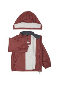 Vandtæt maroon jakke med en aftagelig hætte, elastiske manchetter, grå fleeceforing og trykknaplukninger foran.