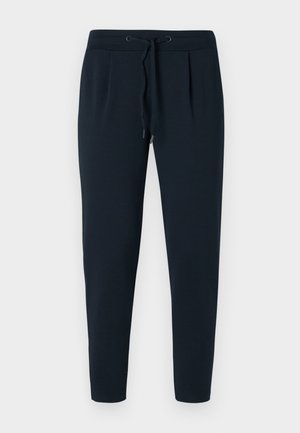 Navy blue sweatpants made of soft fabric. Features an elastic waistband with drawstring, two front pleats, and tapered legs.
