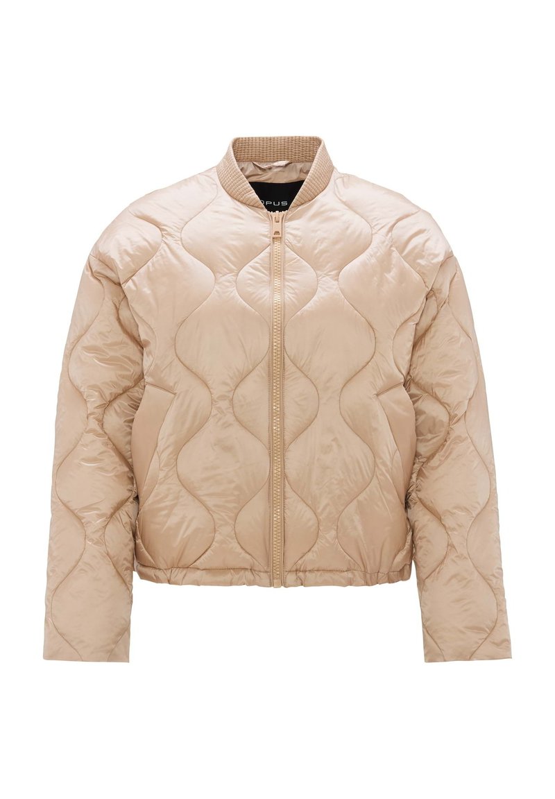 Beige gesteppte Bomberjacke mit Rippkragen und vorderem Reißverschluss. Merkmale sind eine Wellenmuster-Steppung und eine weiche, glanzende Textur.