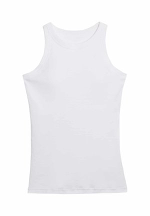 Weißes Baumwolltanktop mit rundem Halsausschnitt und ärmellosem Design. Glatte Textur, einfache Silhouette und keine Muster oder Akzente.