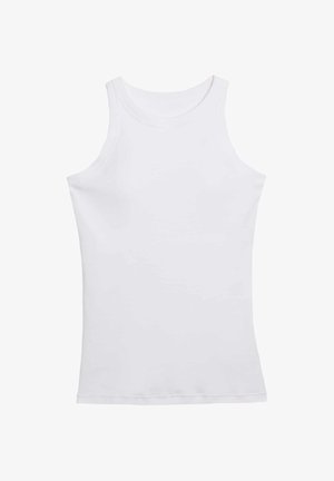 Bílý bavlněný tílko s kulatým výstřihem a bezrukávovýmdesignem. Hladký povrch, jednoduchý silueta, bez vzorů nebo akcentů.