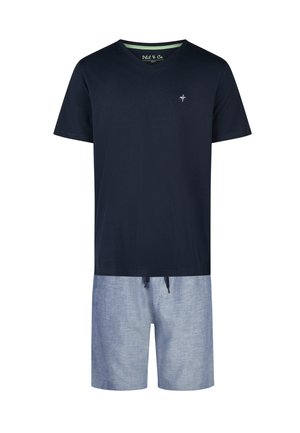 Short-sleeve navy V-neck shirt with small chest logo paired with light blue drawstring shorts.