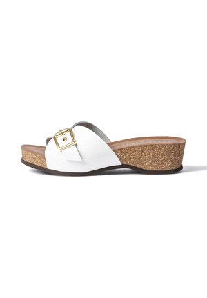 White open-toe slide sandal with a wide leather strap, gold buckle, cork wedge heel, and brown sole on a white background.