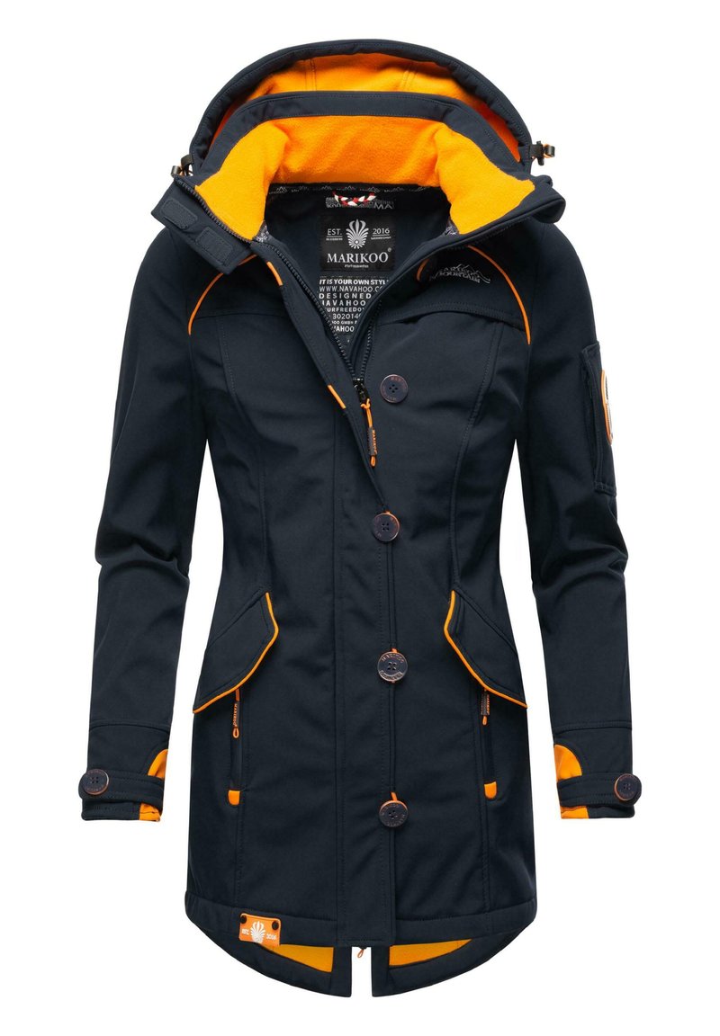 Navy blue jacket with an orange fleece-lined hood, contrasting orange accents, button closures, and multiple pockets. Made from durable fabric.