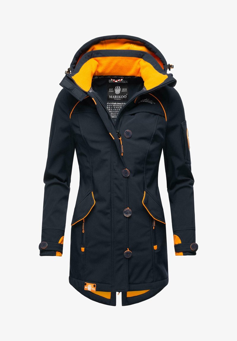 Navy blue jacket with an orange fleece-lined hood, contrasting orange accents, button closures, and multiple pockets. Made from durable fabric.