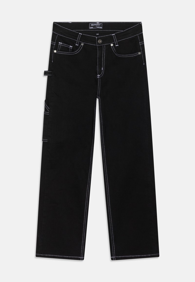 Czarne dżinsy z białym przeszyciem, kieszenią na klapę z boku oraz prostymi nogawkami. Zapięcie na guziki i klasyczny fason z pięcioma kieszeniami.