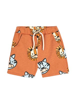 Shorts en coton orange avec un motif ludique de lions et tigres en cartoons sur toute la surface, dotés de poches latérales et d'une taille à cordon de serrage.