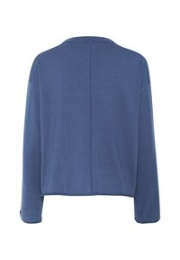 Løs-fittet blå sweater lavet af blødt stof med rund hals, faldende skuldre og lige kant. Minimalistisk design uden hardware.
