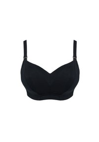 Schwarzer BH aus glattem Material mit vorgeformten Cups, verstellbaren Trägern und einem nahtlosen Design mit subtilen Stickdetails.