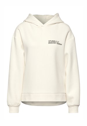 Cremefarbene Baumwollkapuzenjacke mit Kordelzugkapuze, gerippten Bündchen und einem Logo-Druck auf der Vorderseite. Glatte Textur mit lockerer Passform.