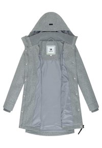 Szara kurtka z kapturem, o miękkim, teksturowanym wykończeniu i gładkiej, szarej podszewce. Posiada zatrzaski i ściągacze na mankietach. Widoczna jest wewnętrzna metka.