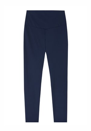 Leggings azul marino hechos de una tela elástica, con una cintura alta y un diseño ajustado, textura suave sin patrones o acentos visibles.