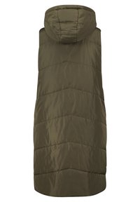 Olive green puffer vest with a hood, featuring horizontal quilting, a smooth texture, and no visible fastenings or pockets.