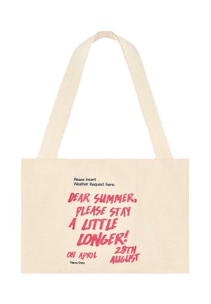 Sac en toile de couleur naturelle avec un texte rose et noir. Le design comprend des espaces réservés pour les demandes météorologiques et les dates en bas.
