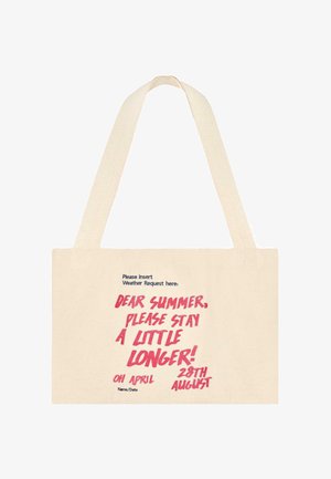 Canvas tote bag in natural color features pink and black text. Design includes placeholders for weather requests and dates at the bottom.