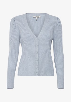 Gaiši zils ribots kardigans ar V veida kakla izgriezumu, garām piedurknēm un pieciem pogu aizdariem priekšpusē, ar nedaudz puffed pleciem.