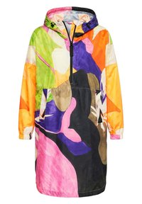 Long hooded jacket with front zipper, featuring abstract color blocks in green, orange, purple, pink, black, and beige.