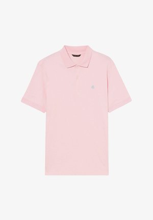 Koszulka polo z krótkim rękawem w jasnoróżowym kolorze, wykonana z miękkiej bawełny, z niebieskim logo na piersiach i klasycznym kołnierzykiem.