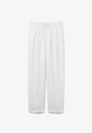 White, lightweight pants with an elastic waistband, drawstring, and two front pockets. Tapered leg design with cuffs at the bottom.