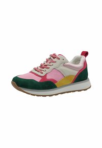 Multikleurige sneaker in roze, groen, geel en beige suede en textiel. Beschikt over een gevoerde zool, ronde neus en een vetersluiting.