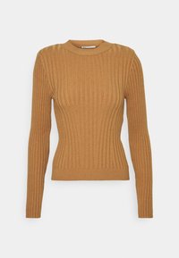 Gestreifter, langärmeliger Pullover in einem warmen Karamellton. Besitzt einen hohen Kragen und eine figurbetonte Silhouette mit strukturierten Details im gesamten Design.
