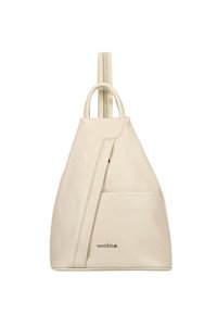 Beige kožený batoh trojúheln�íkového tvaru, který má přední kapsu a horní zipové uzavření. Texturovaný povrch se decentními prošívanými detaily.