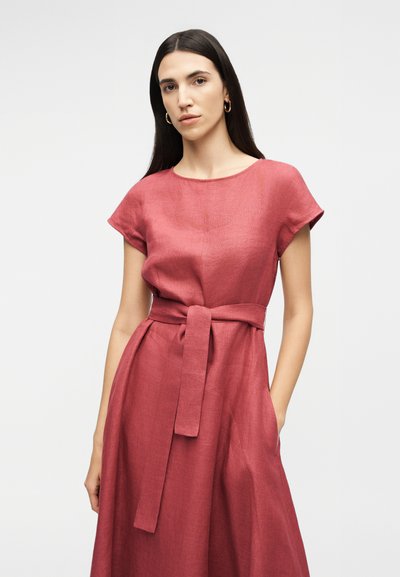 Γυναίκα με μακριά σκούρα μαλλιά, ντυμένη με βελούδινο φόρεμα σε σκόνη ρόζ χρώμα με ζώνη και κοντά μανίκια, στέκεται με το ένα χέρι στην τσέπη μπροστά σε απλό φόντο.