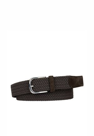 Woven brown belt made from elastic material, featuring a silver metal buckle and brown suede accents. Flat, flexible design for comfort.