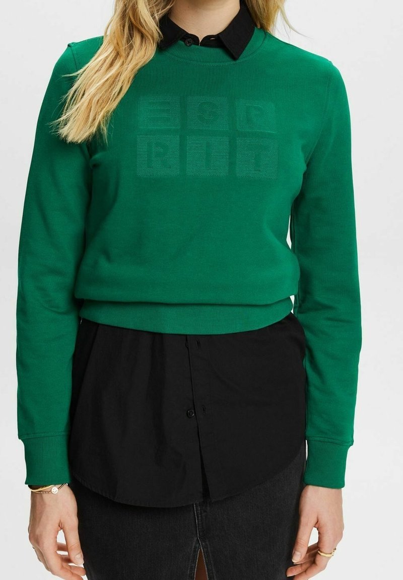 Sudadera verde de manga larga y cuello redondo. Presenta un logo texturizado en la parte delantera y se combina con una camisa negra con botones debajo.