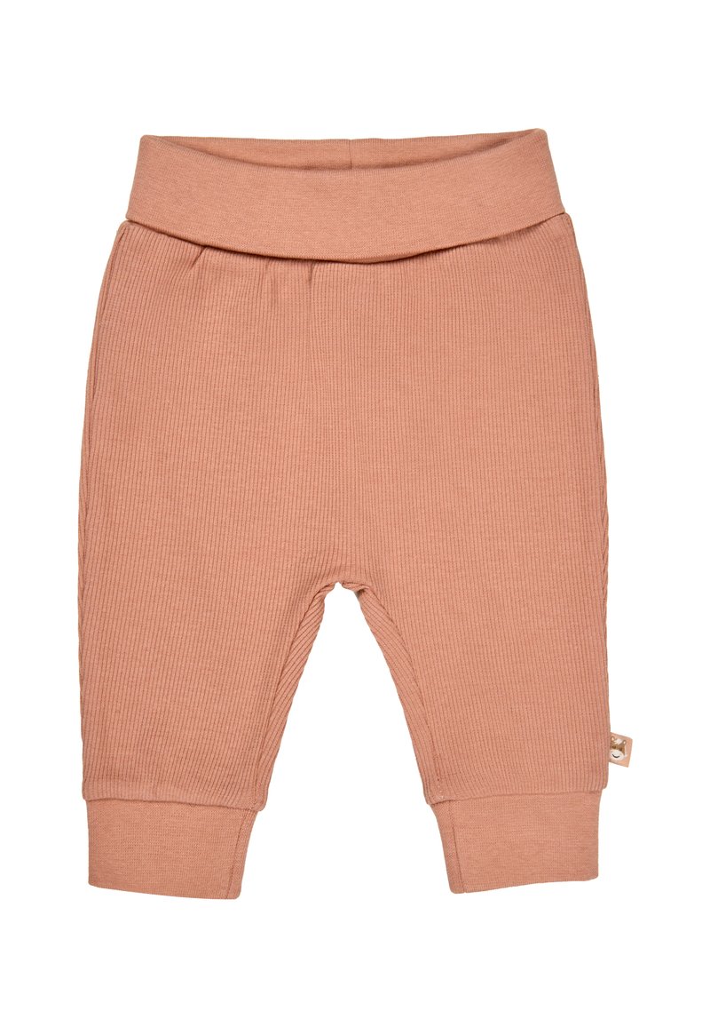 Pfirsichfarbene Ripp-Hosen für Babys mit umklappbarem Bund und Bündchen, mit einem Etikett an der Seite. Weiches, dehnbares Material für hohen Komfort.