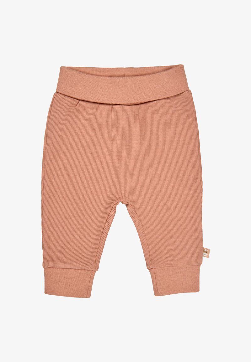 Pfirsichfarbene Ripp-Hosen für Babys mit umklappbarem Bund und Bündchen, mit einem Etikett an der Seite. Weiches, dehnbares Material für hohen Komfort.