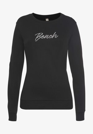 Schwarzer Pullover aus Baumwollmischung, mit Rundhalsausschnitt, gerippten Bündchen und dem auf der Vorderseite in silberner Garn gestickten "Bench"-Logo.