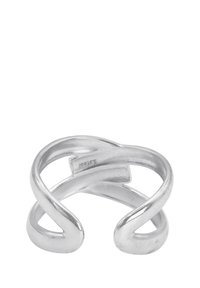 Anello in metallo argento con design attorcigliato, estremità aperte, superficie liscia e dettagli di marchio incisi all'interno della fascia.