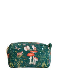 Green patterned cosmetic bag featuring illustrations of mushrooms, animals, and foliage. Gold zipper hardware and side handle. Smooth texture.