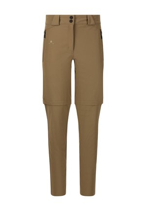 Bruna, lätta, stretchiga byxor i tyg med dragkedjeförvaringsficka och knäppning, med rak ben-design och avtagbar nederdel.