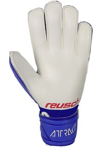 Guanto da portiere con palma in lattice bianco, retro sintetico blu e un cinturino sicuro al polso. Loghi Reusch e ATRAKT visibili.