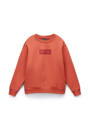 Koraalkleurig sweatshirt van zacht materiaal met een ronde hals, ribgebreide manchetten en zoom. Voorzien van een gestructureerde logopatch aan de voorkant.