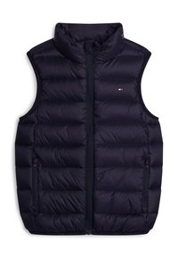 Gilet termico nero con colletto alto, chiusura frontale con zip, due tasche laterali e design trapuntato per l'isolamento. Presenta un accento con logo.