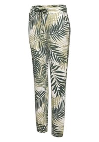 Broek gemaakt van lichtgewicht stof met een groen en beige palmpatronen, voorzien van een elastische tailleband en een verstelbaar trekkoord.