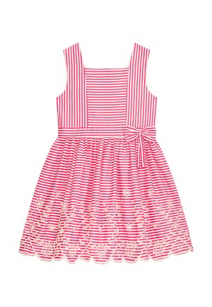 Rosa gestreiftes Kleid mit quadratischem Ausschnitt, breiten Trägern und einem taillierten Oberteil. Der Rock ist mit Blumenstickereien und einem gezackten Saum versehen.