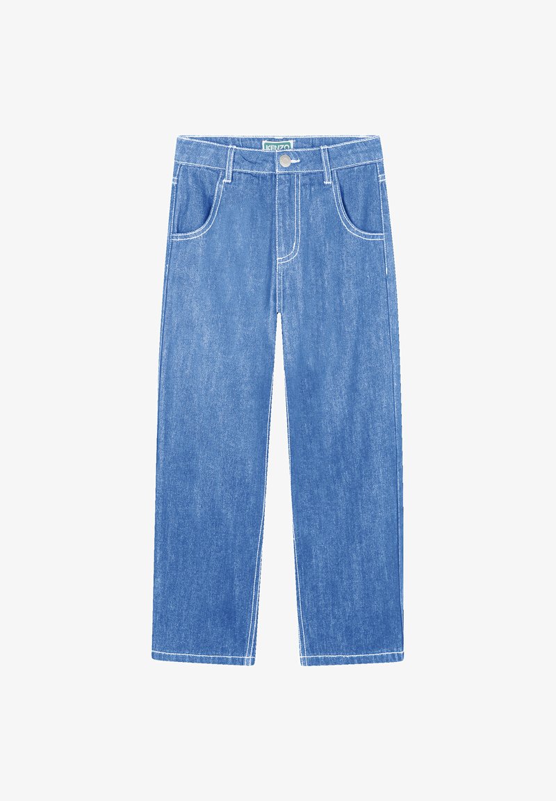 Blauwe denim jeans met een rechte pasvorm, voorzien van vijf zakken, witte stiksels en een knoopsluiting bij de taille.