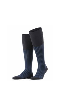 Calze fino al ginocchio con una base blu navy scuro e strisce verticali blu a contrasto. Tessuto a coste nella parte superiore e tessuto liscio nella parte inferiore.