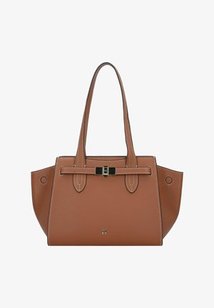 Bruine leren tas met korte, stevige handvatten, voorzien van een decoratieve zwarte gesp en witte stikselaccenten langs de buitenranden.