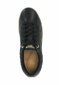 Black leather sneaker with quilted texture, gold eyelets, and a beige inner lining. Features logo "Dune London" on the tongue.