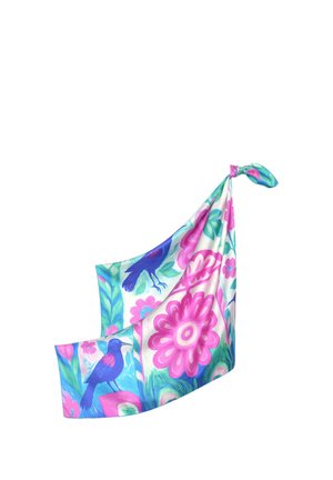 Foulard carré en soie avec des fleurs roses, des feuilles vertes et des oiseaux bleus sur fond blanc, noué à un coin.