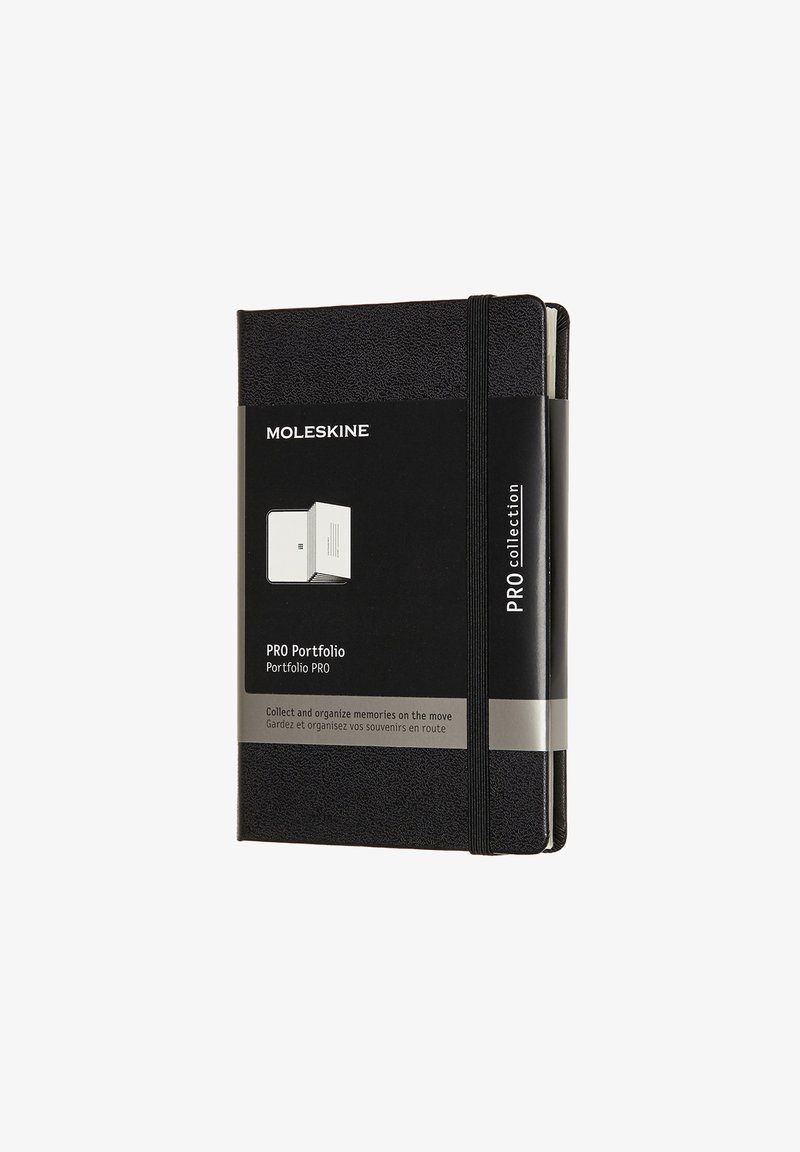 Black Moleskine PRO Portfolio with textured cover, elastic band closure, and a label featuring product details on the front.